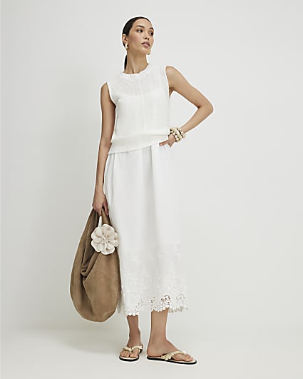 White Embroidered Hem Knitted Hybrid Dress