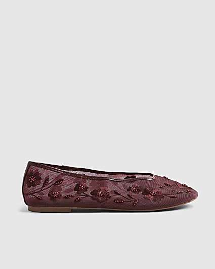 Red Floral Embroidered Mesh Ballet Pumps