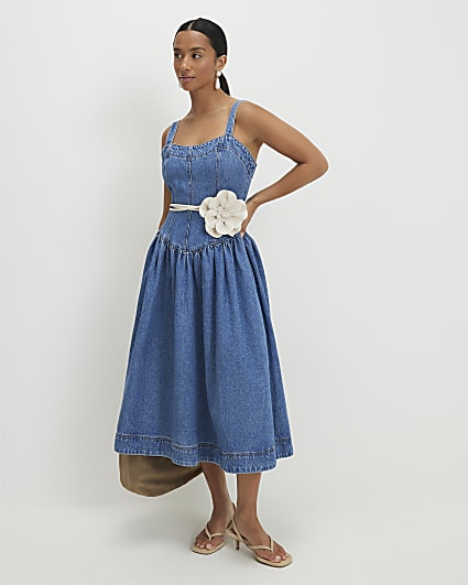 Petite Blue  Seamed Midi Denim Swing Dress