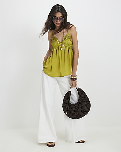 Green Embroidered Hybrid Cami Top