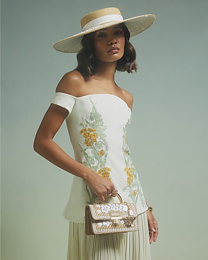 Brown Metal Handle Raffia Cross Body Bag