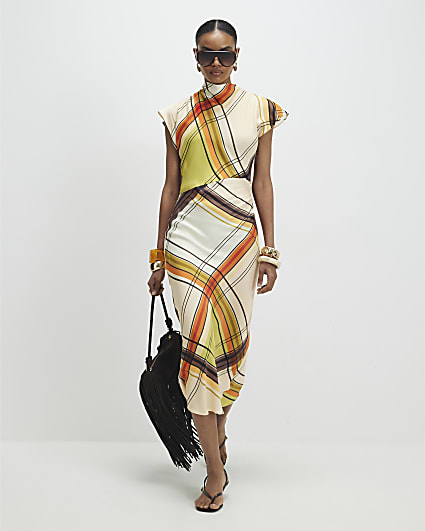 Green Check Print Column Midi Dress