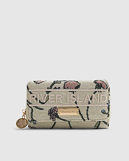 Cream Floral Jacquard Logo Flap Purse