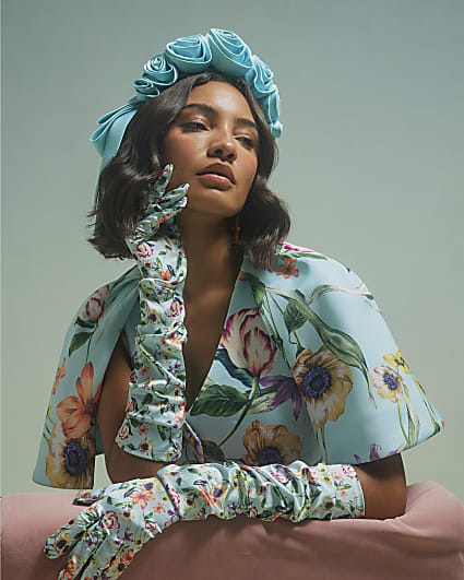 Blue Long Floral Gloves