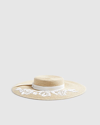 Beige Amayah Wide Brim Embroidered Boater