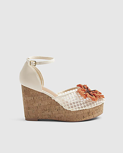 Cream Closed Toe Flower Wedges