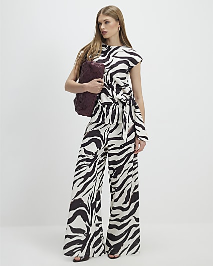 White Zebra Print Wide Leg Trousers