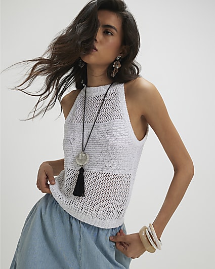 White Knitted Pointelle Sequin Vest Top