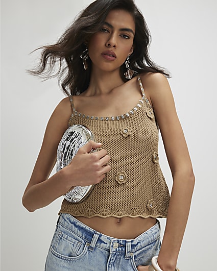 Brown Embellished Flower Knit Cami Top