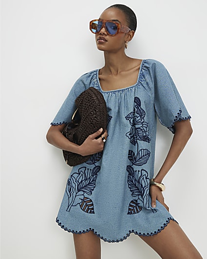 Blue Floral Embroidered Denim Mini Dress