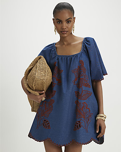 Blue Floral Embroidered Denim Mini Dress