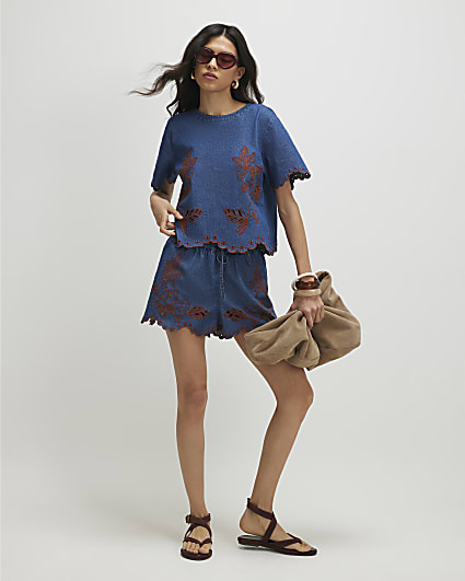 Blue Denim Broderie Shorts