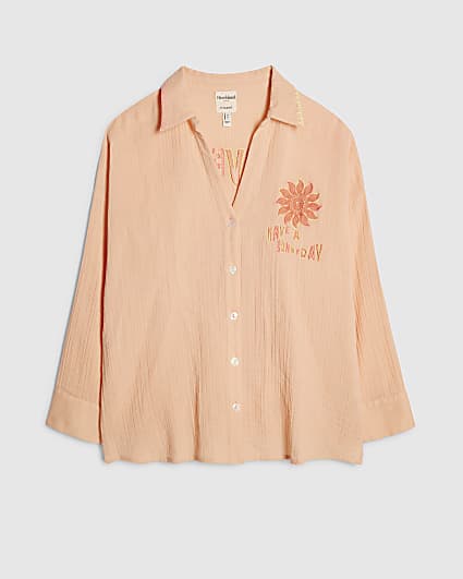 Orange Long Sleeve Textured Beach Shirt