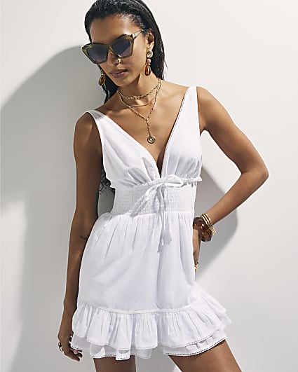 White Cotton Shirred Waist Mini Dress