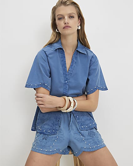 Blue Chambray Broderie Studded Shirt