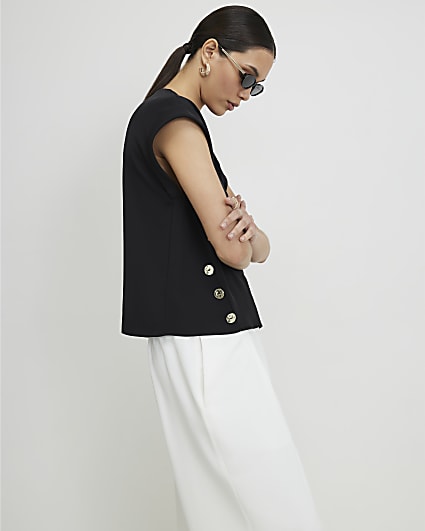 Black Short Sleeve Button Top