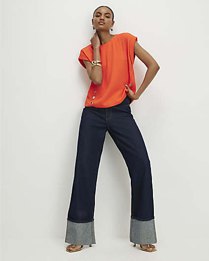 Orange Short Sleeve Button Top