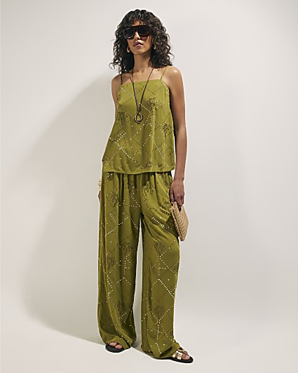 Green Palm Embellished Trousers