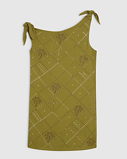 Green Palm Hotfix Asymmetric Mini Dress