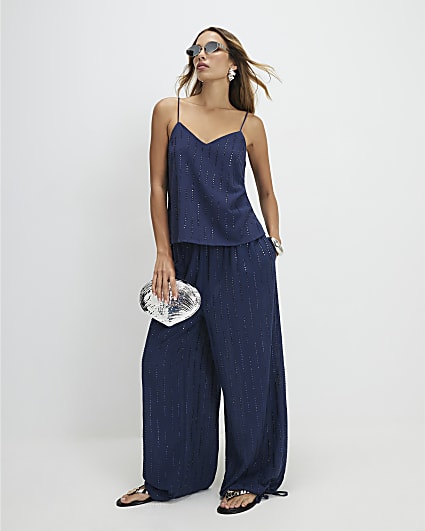 Blue Cotton Embellished Balloon Leg Trousers