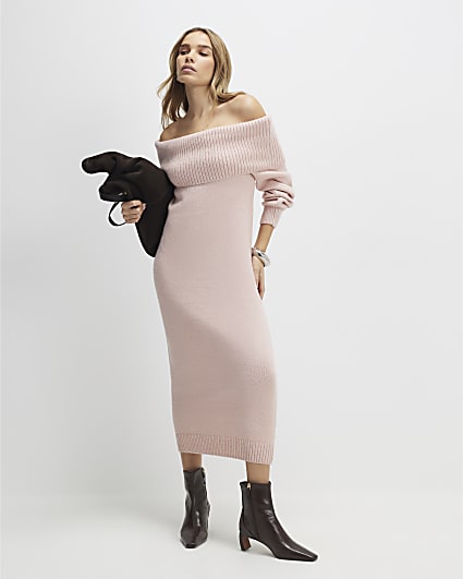 Pink Knitted Long Sleeve Bardot Midi Dress