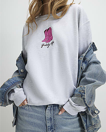 Grey Giddy Up Cowboy Boots Sweatshirt
