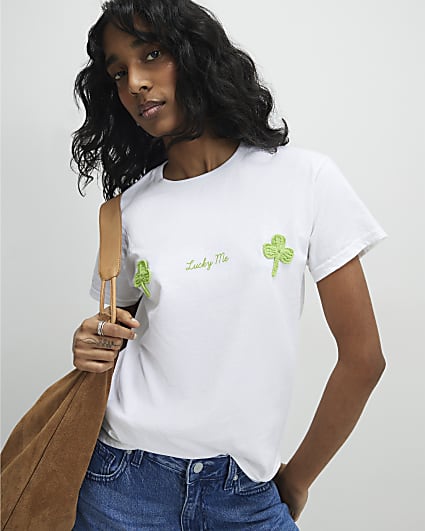 White Crochet Clover Lucky Me T-Shirt