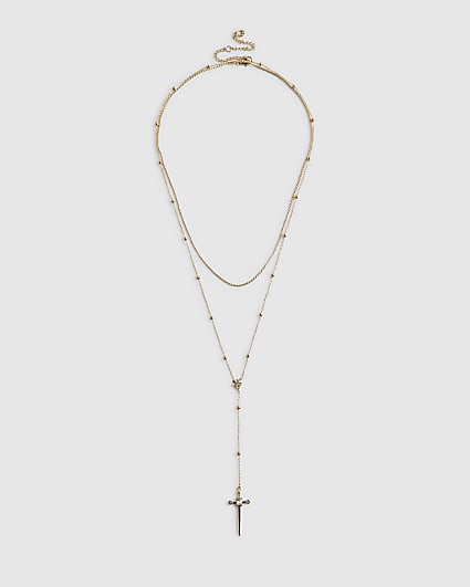 Gold Layered Cross Lariat Necklace