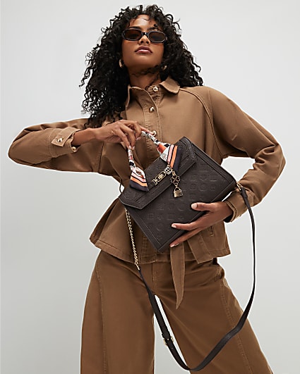 Brown Scarf Embossed Charm Tote Bag