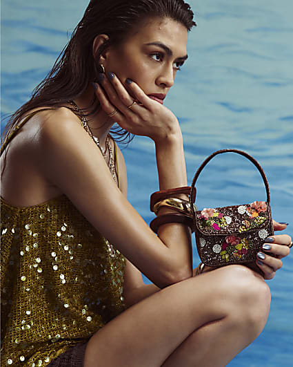 Brown Beaded Mini Crossbody Bag