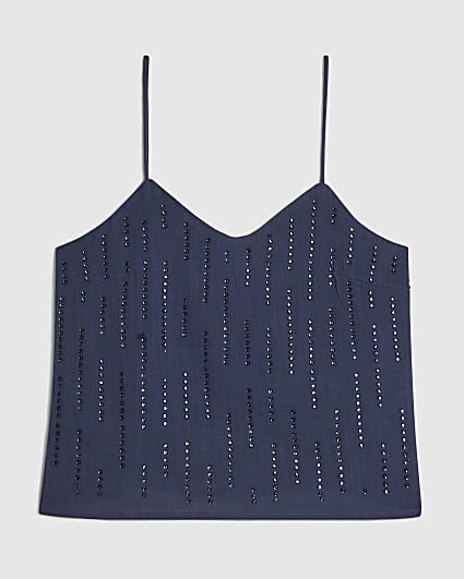 Petite Blue Cotton Embellished Cami Top