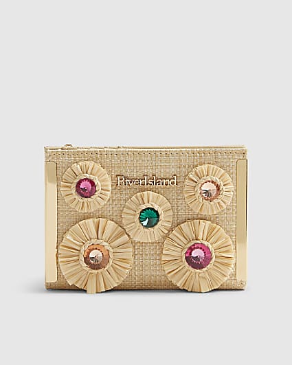 Beige Raffia Gemstone Foldout Purse