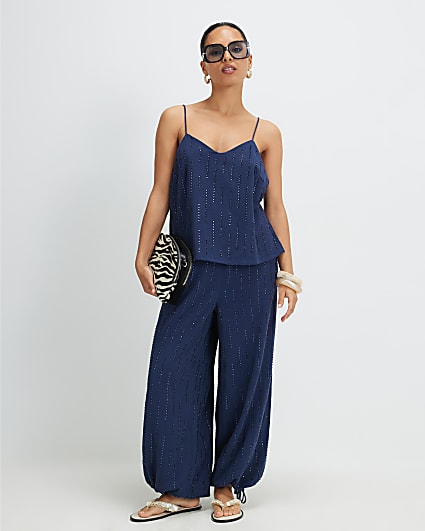 Petite Blue Hotfix Balloon Leg Trousers