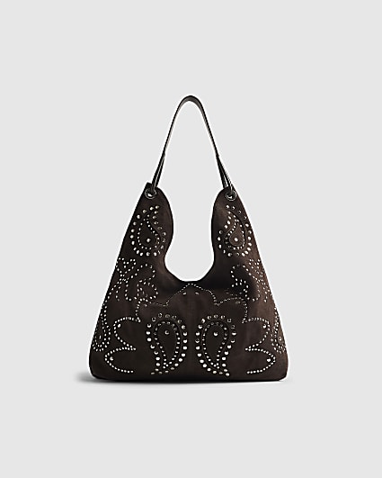 Brown Suede Studded Slouch Bag