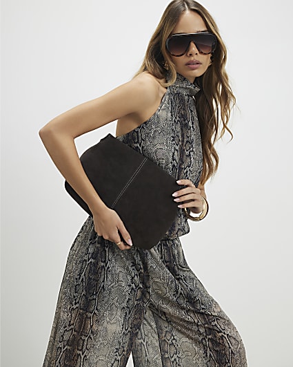 Brown Suede Squared Clutch Bag