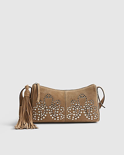 Beige Suede Studded Cross Body Bag