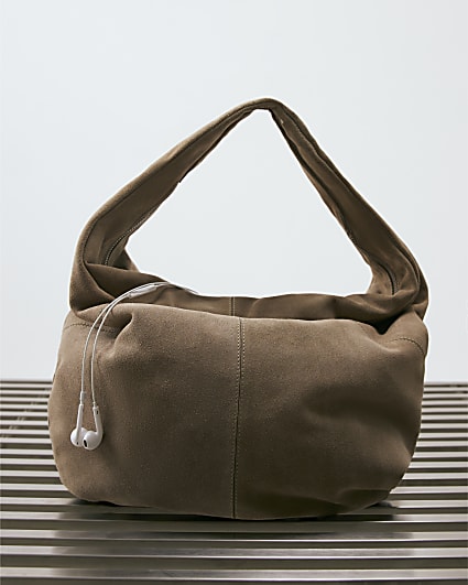 Beige Suede Zipped Slouch Shoulder Bag