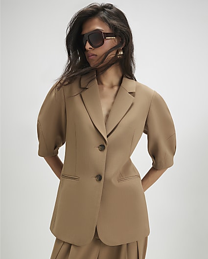 Beige Short Sleeve Tailored Blazer