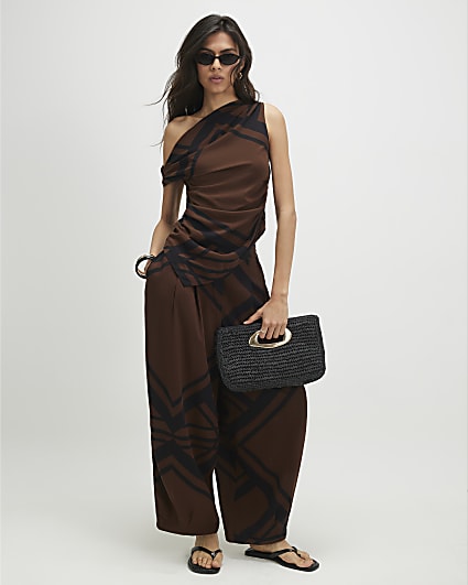Brown Geometric Print Balloon Leg Trousers