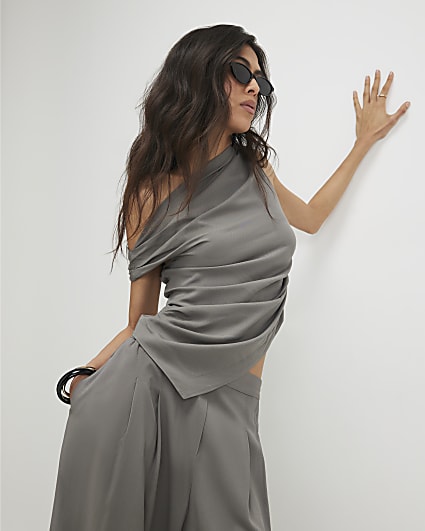 Khaki Asymmetric Drape Top