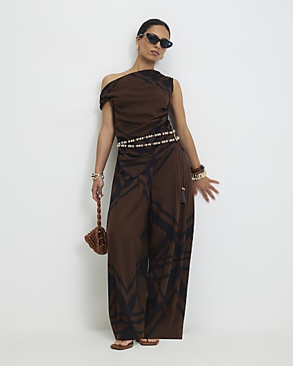 Petite Brown Geometric Print Balloon Trousers