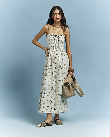 Cream Cotton Daisy Shirred Midi Dress