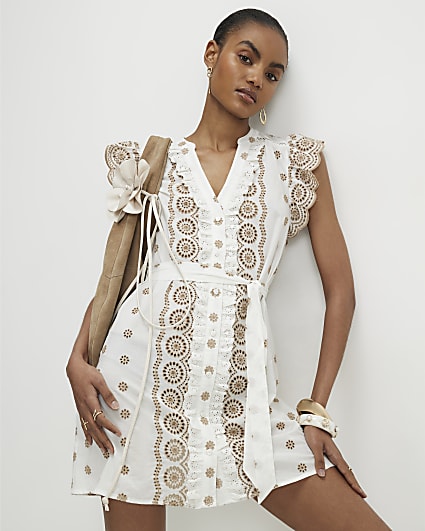 Beige Cotton Broderie Ruffle Dress