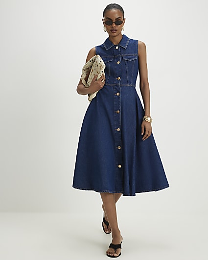 Blue Denim Sleeveless Midi Shirt Dress