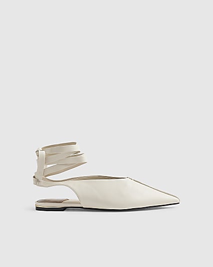 Cream Ankle Tie Pointed Toe Flat Shoes