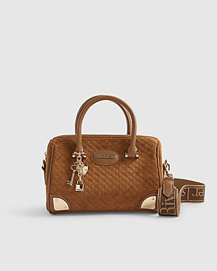 Brown Faux Suede Metal Corner Bowler Bag