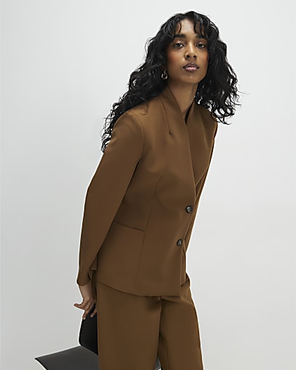 Brown Collarless Blazer