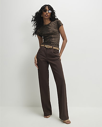 Brown Cap Sleeve Animal Print Top