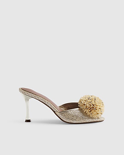 Beige Metallic Raffia Pom Pom Peep Toe Heels