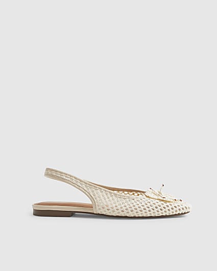 Cream Flower Crochet Flat Slingback Shoes